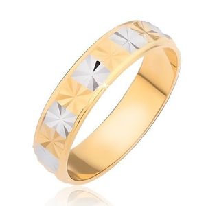 Lesklý prsten - zlaté a stříbrné obdélníky s diamantovým řezem - Velikost: 48 obraz