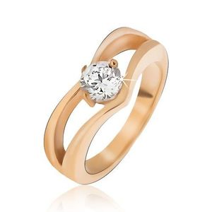 Zlatý ocelový prsten, zdvojená špička, kulatý čirý kamínek - Velikost: 60 obraz