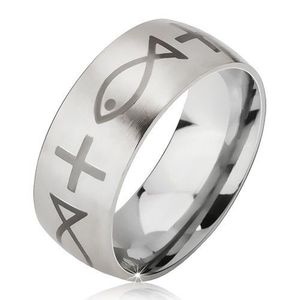 Matný ocelový prsten - stříbrná obroučka, potisk kříže a ryby - Velikost: 55 obraz