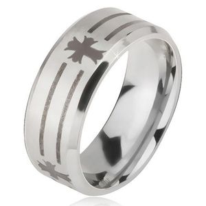 Matný ocelový prsten - stříbrná obroučka na prst, potisk pásů a kříže - Velikost: 55 obraz