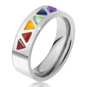 Lesklý prsten z oceli, barevné trojúhelníkové kamínky - Velikost: 49 obraz