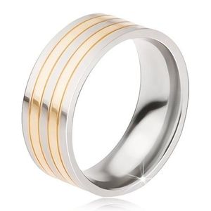 Titanový prsten - lesklá obroučka stříbrno-zlaté barvy, střídající se pásy - Velikost: 57 obraz
