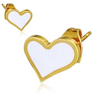 Zlaté náušnice z oceli - bílé asymetrické srdce obraz