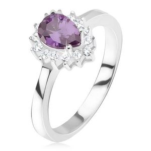 Stříbrný prsten 925 - fialový slzičkovitý kamínek, zirkonová obruba - Velikost: 50 obraz