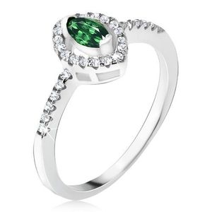 Stříbrný prsten 925 - elipsovitý zelený kamínek, zirkonová kontura - Velikost: 48 obraz