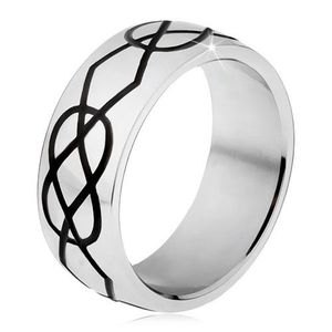 Lesklý ocelový prsten, tlustší černé zářezy kosočtverců a slz - Velikost: 56 obraz