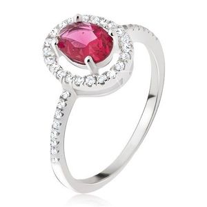 Stříbrný prsten 925 - oválný růžovočervený kamínek, zirkonová obruba - Velikost: 49 obraz