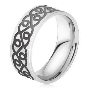 Ocelový prsten - stříbrná obroučka, tlustý černý ornament, srdce - Velikost: 52 obraz