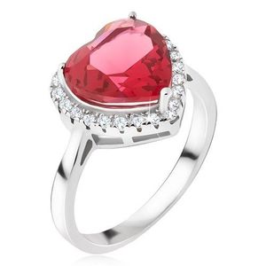 Stříbrný prsten 925 - velký červený srdcovitý kámen, zirkonový lem - Velikost: 50 obraz