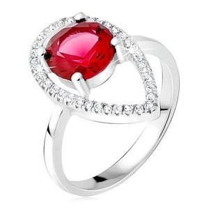 Stříbrný prsten 925 - okrouhlý červený kámen, slzičková kontura ze zirkonů - Velikost: 50 obraz