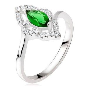 Stříbrný prsten 925 - elipsovitý kamínek zelené barvy, zirkonová kontura - Velikost: 48 obraz