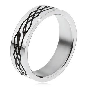 Ocelový prsten, rovný povrch, černá zvlněná linie a kosočtverce - Velikost: 51 obraz