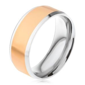 Ocelový prsten, zlatý středový pás, stříbrné šikmé okraje - Velikost: 60 obraz