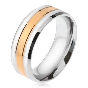 Ocelový prsten, zlatý a dva stříbrné pásy, zešikmené okraje - Velikost: 62 obraz