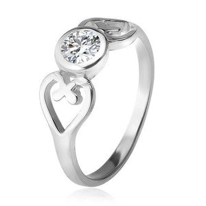 Stříbrný prsten, obrysy srdcí, čirý okrouhlý zirkon v objímce, stříbro 925 - Velikost: 49 obraz