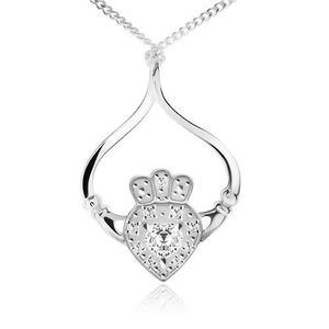 Stříbrný náhrdelník 925, řetízek, srdce, korunka, ruce, čiré zirkony obraz