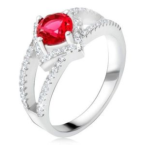 Prsten s rozdvojenými rameny, červený kámen, čtverec, stříbro 925 - Velikost: 50 obraz