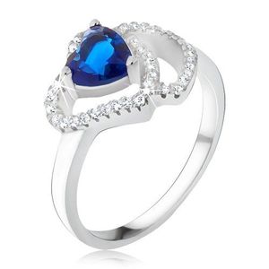 Prsten ze stříbra 925, modrý srdíčkovitý kámen, zirkonové obrysy srdcí - Velikost: 48 obraz