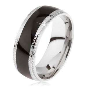 Ocelový prsten, lesklý černý středový pás, rýhované okraje - Velikost: 62 obraz