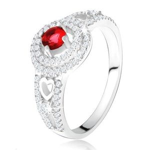 Prsten - červený kamínek s dvojitým zirkonovým lemem, srdce, ze stříbra 925 - Velikost: 49 obraz