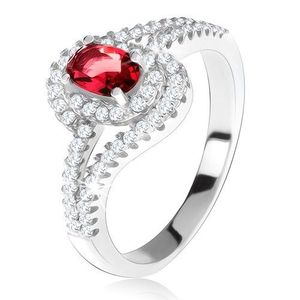 Stříbrný 925 prsten, červený kámen s lemem, zvlněná zirkonová ramena - Velikost: 50 obraz