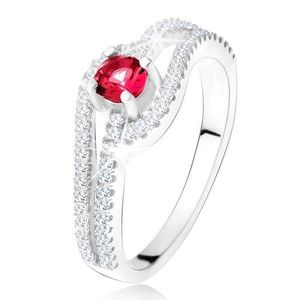 Prsten se zvlněnými zirkonovými rameny, červený kámen, stříbro 925 - Velikost: 49 obraz