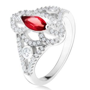 Stříbrný 925 prsten, zrníčkovitý červený kámen, vyřezávaná zirkonová ramena - Velikost: 49 obraz