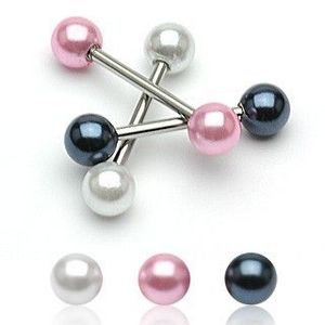 Ocelový piercing do jazyka s barevnými perleťovými kuličkami - Barva piercing: Bílá obraz