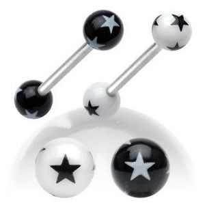 Ocelový piercing do jazyka, černobílé akrylové kuličky s hvězdičkami - Barva piercing: Bílá - Černá obraz