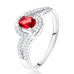 Prsten s oválným červeným kamenem, zvlněná zirkonová ramena, stříbro 925 - Velikost: 49 obraz