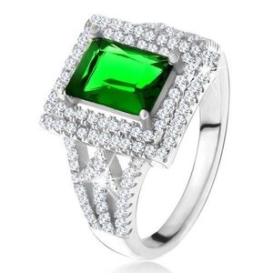 Prsten s obdélníkovým zeleným zirkonem, dvojitý čirý lem, šipky, stříbro 925 - Velikost: 49 obraz