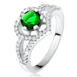 Prsten s rozdvojenými rameny, zelený zirkon, obrys srdce, stříbro 925 - Velikost: 50 obraz