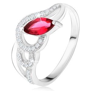 Stříbrný 925 prsten, zirkonové a hladké vlny, červený zrníčkovitý kámen - Velikost: 50 obraz
