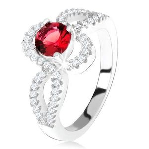 Stříbrný 925 prsten, červený kulatý kámen, zatočená zirkonová ramena - Velikost: 50 obraz