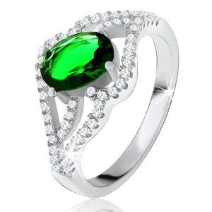 Prsten s oválným zeleným kamenem, zvlněná zirkonová ramena, stříbro 925 - Velikost: 60 obraz