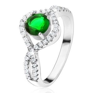 Stříbrný 925 prsten, kulatý zelený kámen, zatočená zirkonová ramena - Velikost: 49 obraz