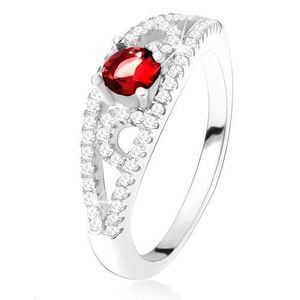 Prsten ze stříbra 925, kulatý červený zirkon, linie s čirými kamínky - Velikost: 50 obraz