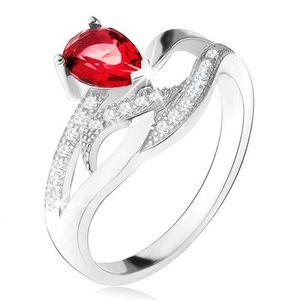 Lesklý prsten ze stříbra 925, červený kámen ve tvaru slzy, zvlněné zirkonové linie - Velikost: 50 obraz