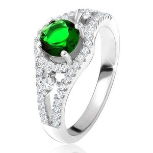 Prsten - stříbro 925, kulatý zelený zirkon, zaoblené linie, čiré kamínky - Velikost: 49 obraz