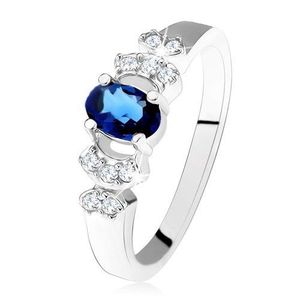 Lesklý prsten - stříbro 925, tmavě modrý oválný zirkon, čiré kamínky - Velikost: 49 obraz