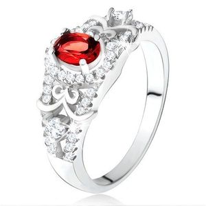 Stříbrný 925 prsten, oválný červený zirkon s čirým lemem, ozdobné linie - Velikost: 50 obraz