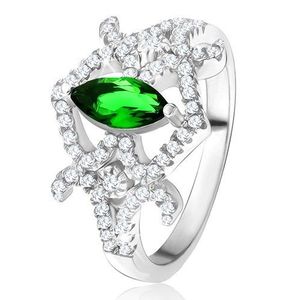 Prsten - zrníčkovitý zelený zirkon, zaoblené linie, čiré kamínky, stříbro 925 - Velikost: 60 obraz
