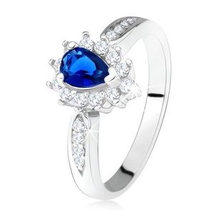 Lesklý prsten - stříbro 925, tmavě modrý zirkon - slza, čiré kamínky - Velikost: 49 obraz