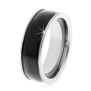 Černý wolframový hladký prsten, jemně vypouklý, lesklý povrch, stříbrné okraje - Velikost: 49 obraz