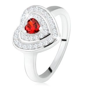 Prsten s červeným zirkonovým srdíčkem, čiré zirkony - obrysy srdcí, stříbro 925 - Velikost: 50 obraz