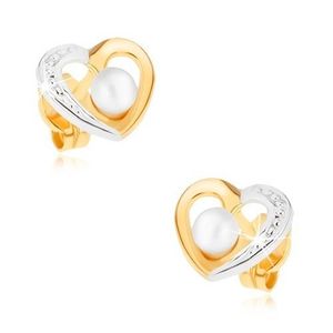 Zlaté rhodiované náušnice 375 - dvoubarevný obrys srdce, bílá perlička obraz