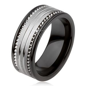 Wolframový keramický černý prsten se stříbrným povrchem a proužky - Velikost: 54 obraz