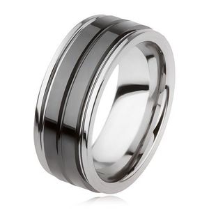 Wolframový prsten s lesklým černým povrchem a zářezem, stříbrná barva - Velikost: 57 obraz