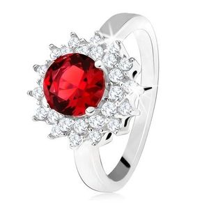 Prsten s červeným kulatým kamenem a čirými zirkonky, sluníčko, stříbro 925 - Velikost: 50 obraz