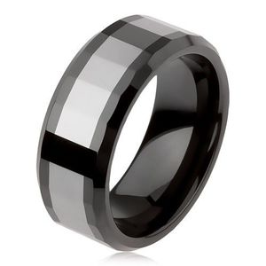 Lesklý wolframový prsten, dvoubarevný, geometricky broušený povrch - Velikost: 49 obraz